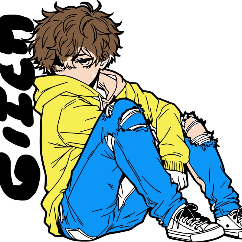a male hoddie ripped jeans messy hair anime