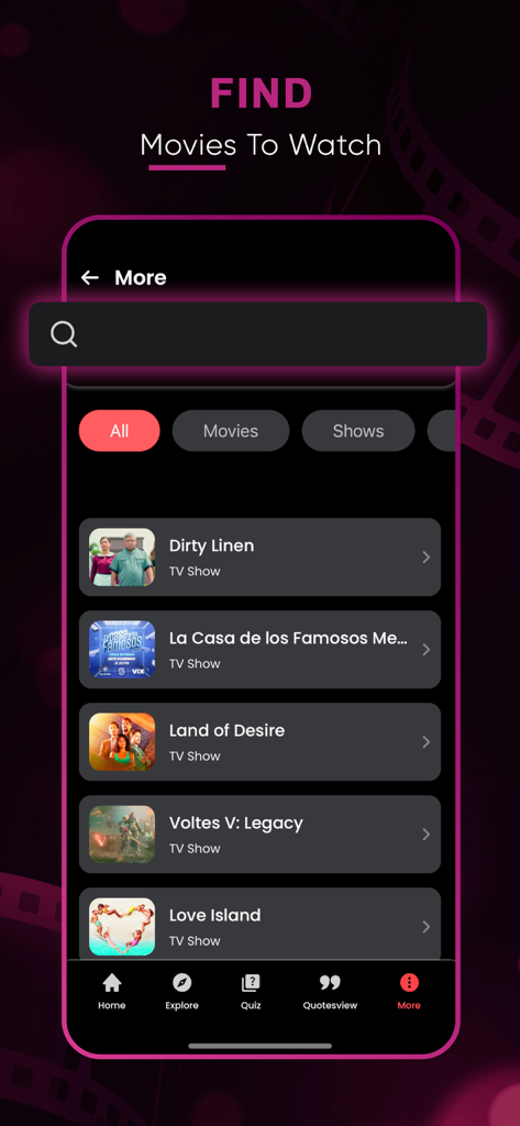 Seekee Movies : Films & Shows - Interface of the Seekee Movies app displaying a searchable list of TV shows and movie titles