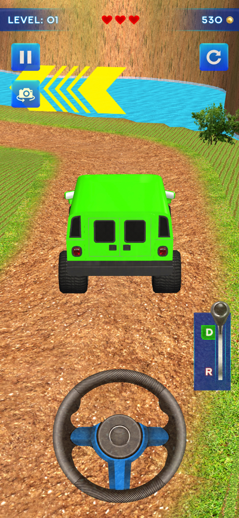 Hill Climb Car: Racing Game 3D - Um veículo 4x4 verde dirigindo em uma estrada de montanha de terra com controles de direção e marcha na tela.