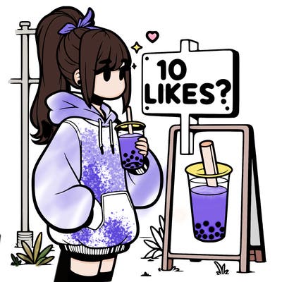 girl with oversized hoodie drinking boba and she has a high ponytail with a sign that says 10likes?