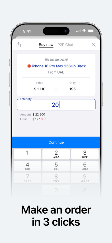 Fimex - Interfaz de la aplicación Fimex que muestra un pedido mayorista al por mayor de unidades de iPhone 16 Pro Max