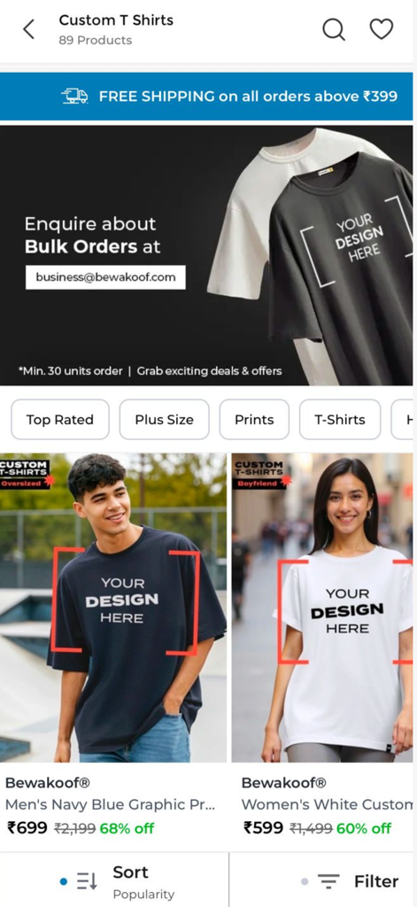 Bewakoof- Fashion Shopping App - Bewakoof app interface showing custom t-shirt options and bulk order inquiry banner