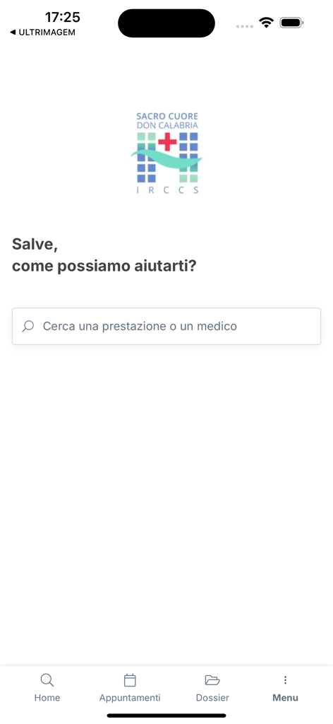 Schermata home dell'app Sacro Cuore Don Calabria con una barra di ricerca per servizi medici e medici