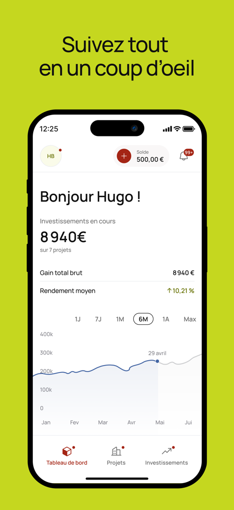 La Première Brique - La Premiere Brique mobile app dashboard showing real estate investment portfolio and growth chart