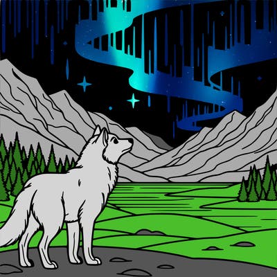 wolf looking at  northern lights