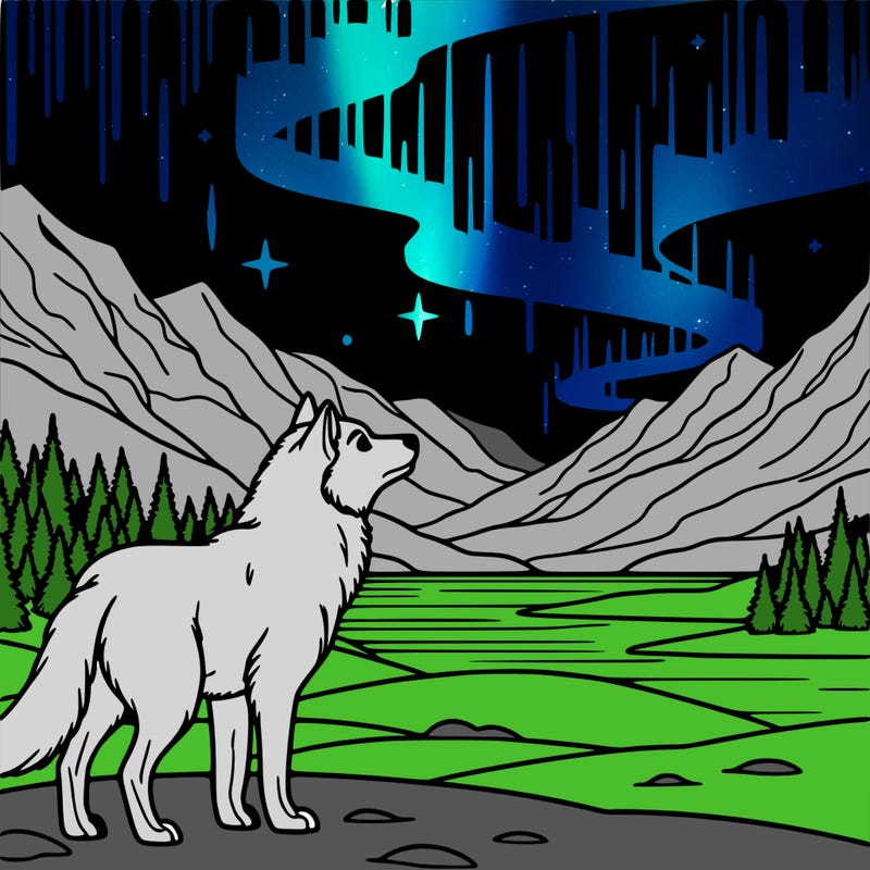 wolf looking at  northern lights