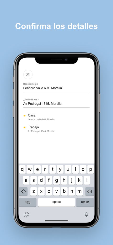 スペイン語で乗車地点と目的地のアドレスを入力するためのBit Proモバイルアプリのインターフェース。