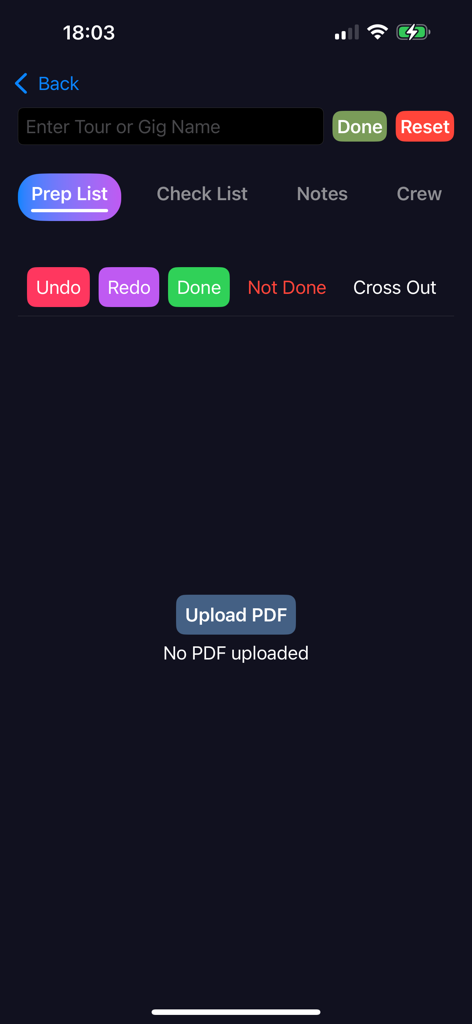 TECH ToolBox - Interface of the TECH ToolBox app showing the Prep List section for organizing concert and gig documentation.