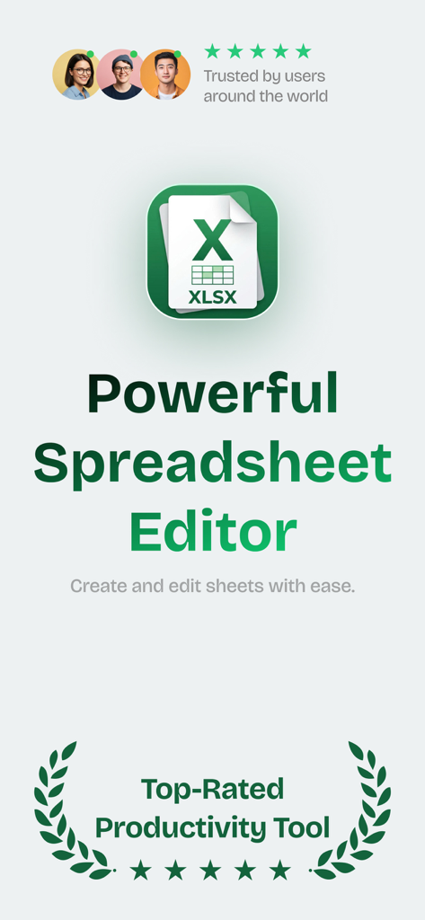 XLSX Editor: Edit Spreadsheets - XLSX Editor mobile app showing user ratings and top rated productivity tool badge