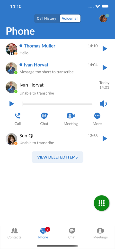 MaX UC - MaX UC app visual voicemail interface showing message list and playback controls