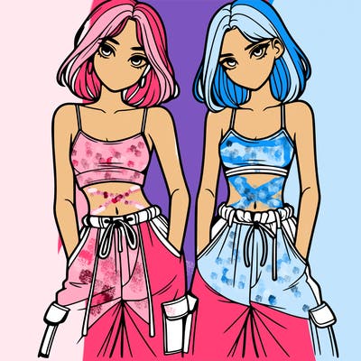 two girls with crop top with baggy pants