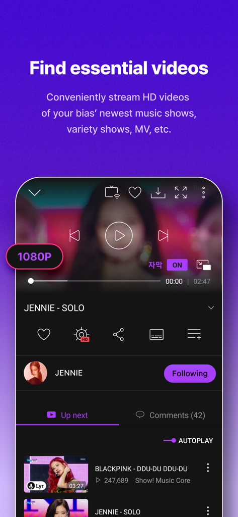 Mubeat for kpop Lovers - Mubeat app interface showing HD K-pop music video streaming of Jennie Solo.