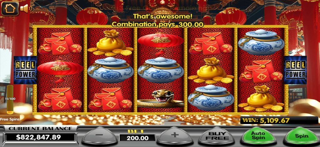 Lucky Gold casino slots gameplay with Asian themed symbols and win notification.