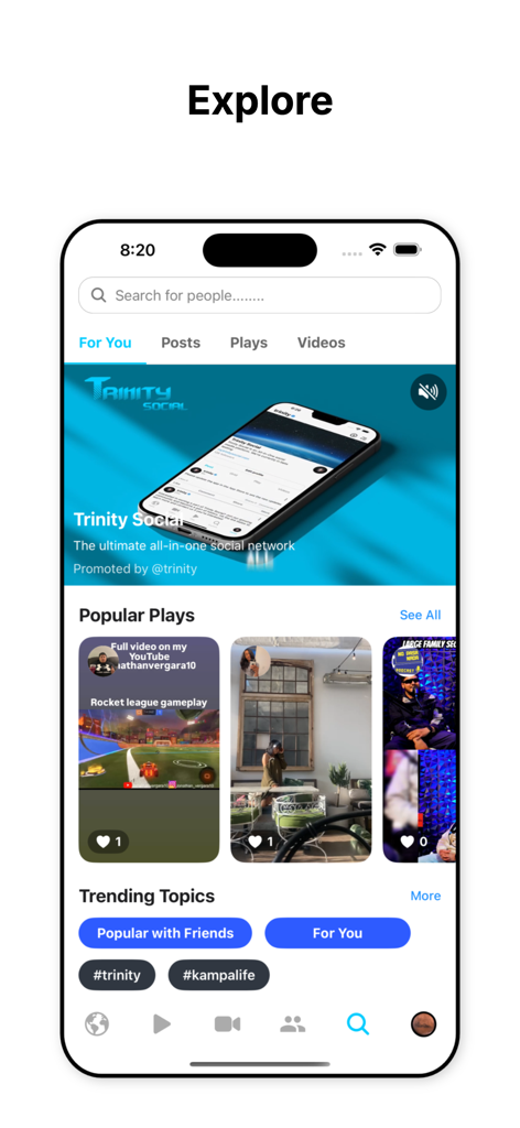 Trinity Social - The explore page of the Trinity Social app showing popular videos and trending topics.