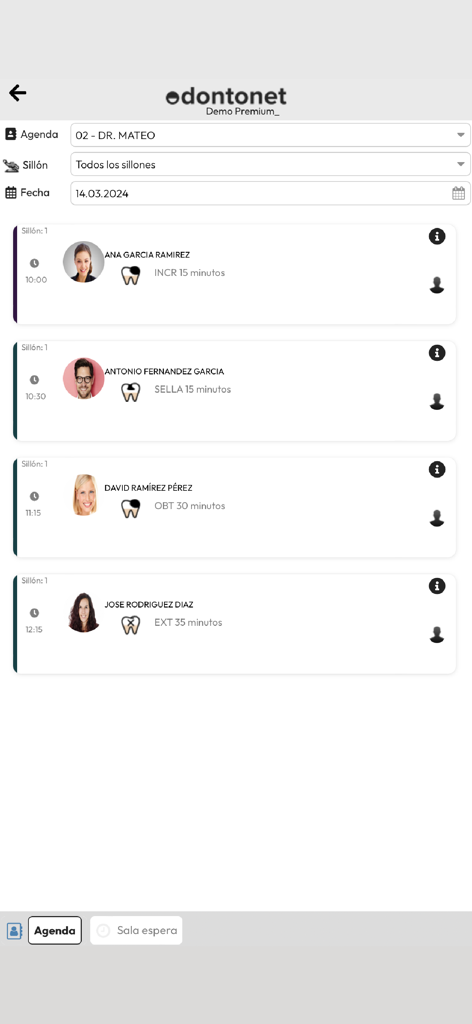 Odontonet Agendas - La aplicación Odontonet Agendas mostrando una lista de citas dentales para el día