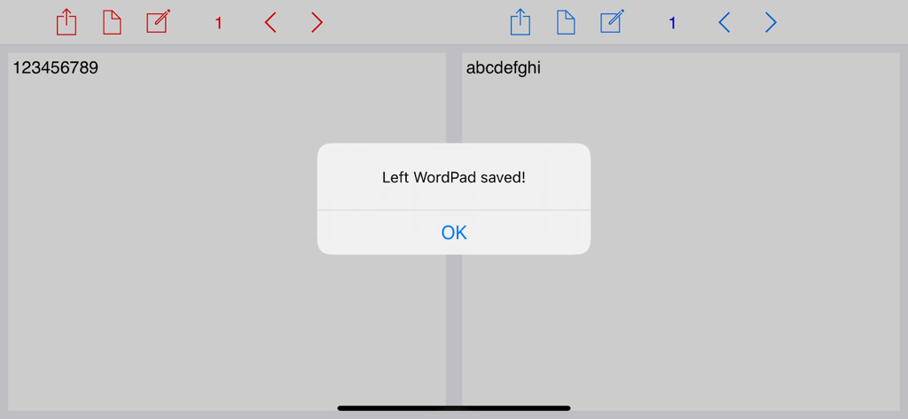 A split-screen view of the Dual WordPad app showing two side-by-side note panels and a confirmation message that says Left WordPad saved.