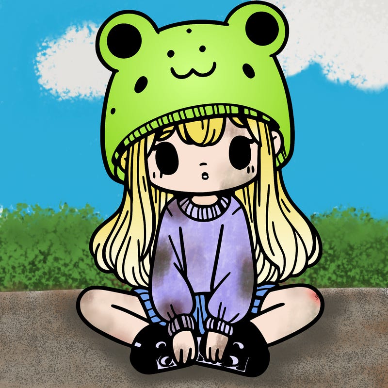 a girl wearing a frog hat and some frog socks
