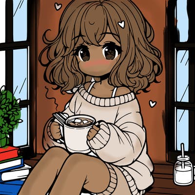 cute anime girl reading book and drinking hot chocolate from mug with loose wavy hair wearing a baggy sweatshirt and shorts sitting by windowsill looking out