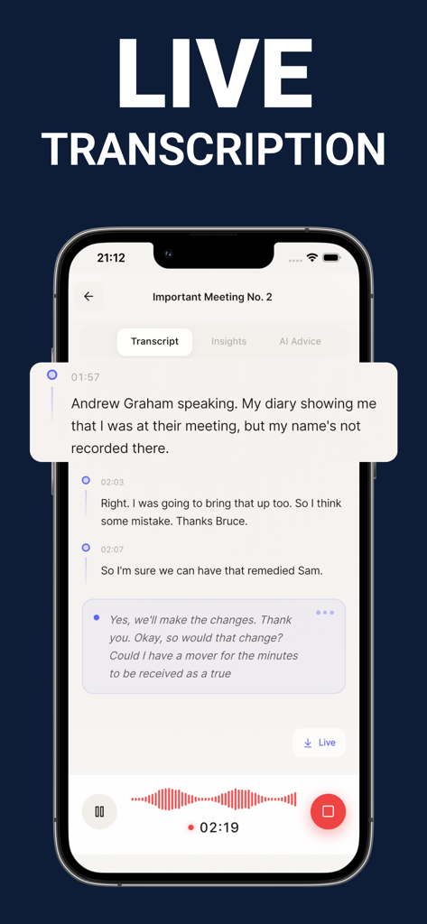 Meeting Minutes: Focus AI - Smartphone screen displaying the live transcription interface of the Meeting Minutes Focus AI app with synchronized text and an audio waveform.