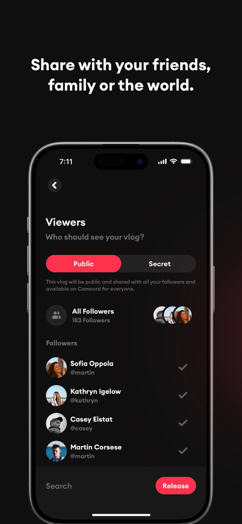 캠코드 앱에서 브이로그 개인 정보 보호 및 공유 설정 선택을 위한 인터페이스