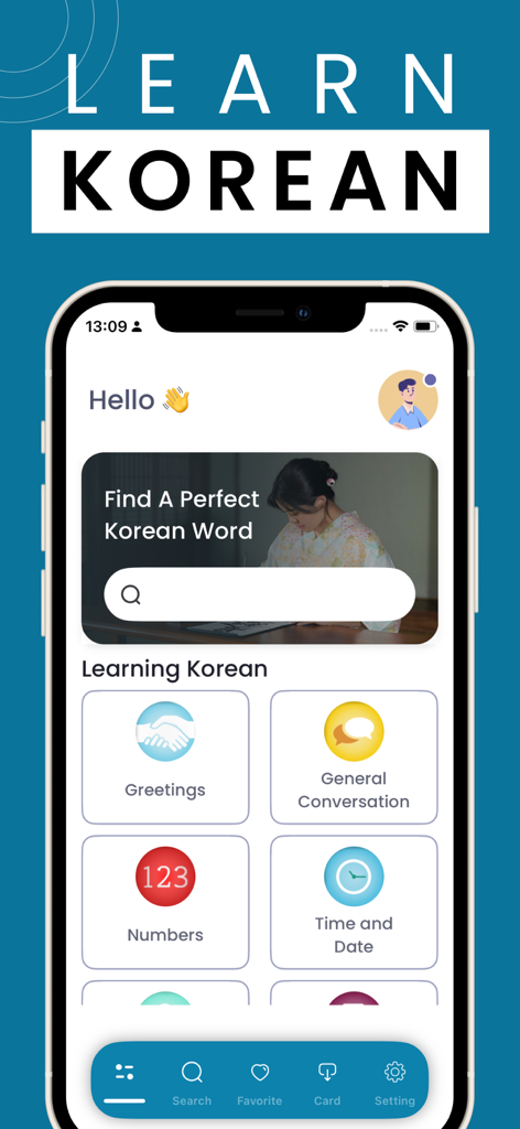 Learn Korean - Phrasebook - Interface of the Learn Korean Phrasebook app showing categories like greetings, general conversation, and numbers with a search bar.