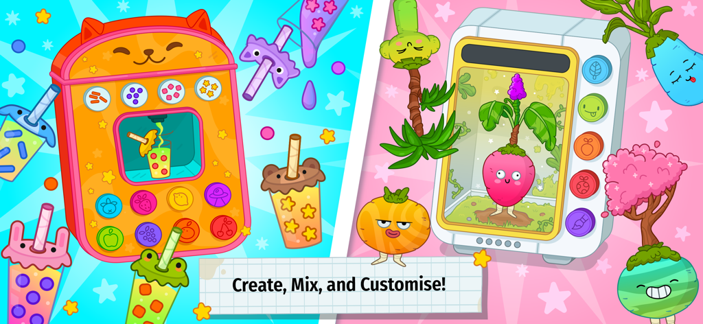 Pepi School: Fun Kid Games - A colorful game scene showing kids how to customize bubble tea drinks and create unique plants in a science laboratory