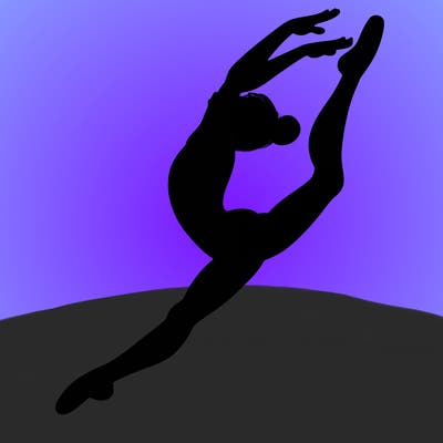 gymnast doing a leap in a leotard with a bent back leg