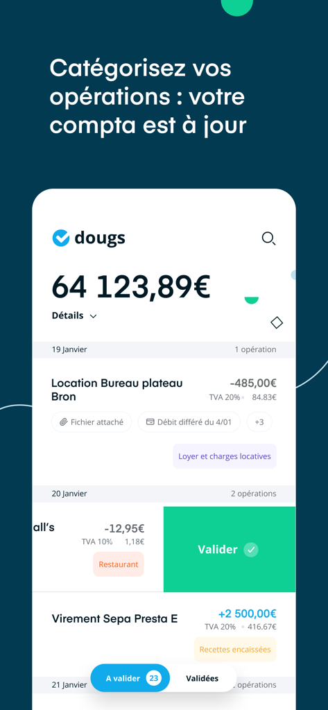 Tableau de bord mobile de l'application de comptabilité Dougs affichant les transactions commerciales et le solde du compte