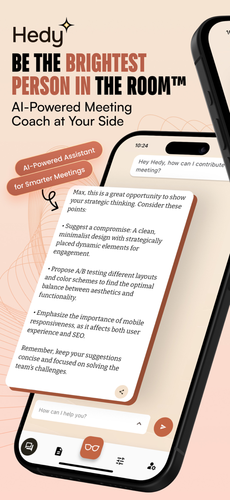 Hedy AIミーティングコーチアプリのインターフェースは、リアルタイムの戦略的な話題と会議のアドバイスを提供しています