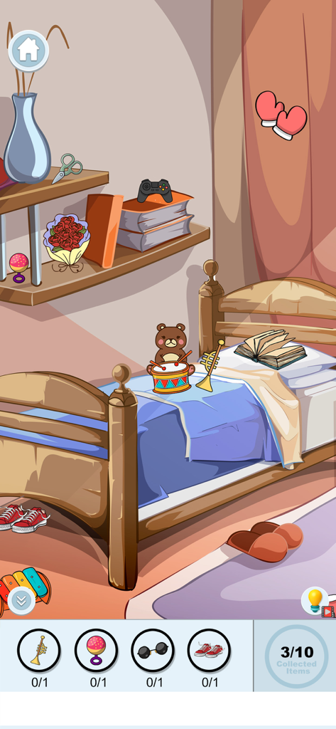 Infinite Zoom Art Game! - Uma cena de quarto de desenho animado em um jogo de objetos escondidos com uma lista de tarefas de itens para encontrar na parte inferior