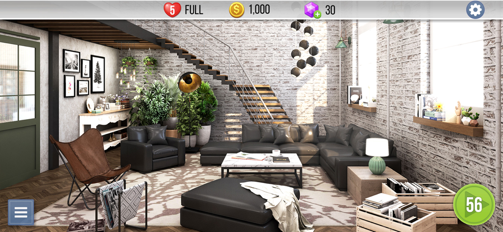 Home Design : Stay Here - Una sala de estar industrial 3D con una pared de ladrillos y muebles modernos en la aplicación Home Design Stay Here.