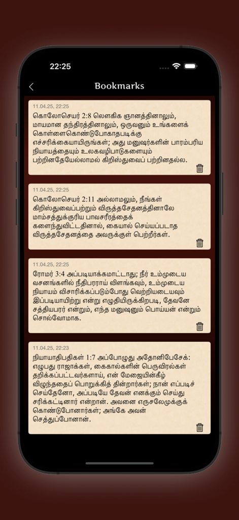 A mobile screen showing bookmarked bible verses in Tamil with timestamps and delete options