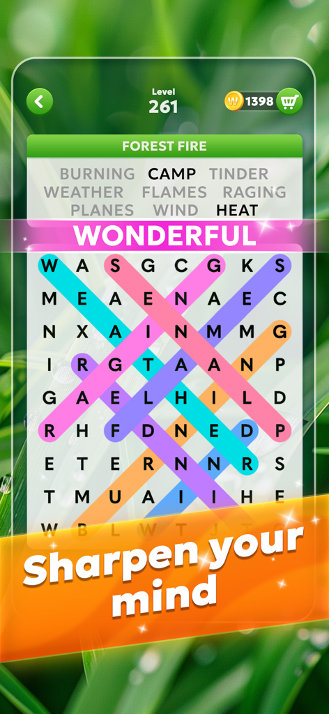 Word Search Pro‧ - Juego de Word Search Pro que muestra una cuadrícula de palabras con resaltados coloridos y un banner de agudiza tu mente