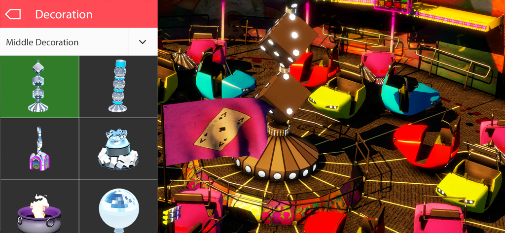 Customization screen for choosing the middle decoration of a carnival ride in Funfair Ride Simulator 4