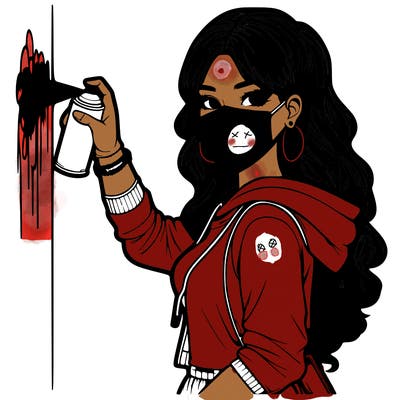 realistic girl with mask spray painting a wall