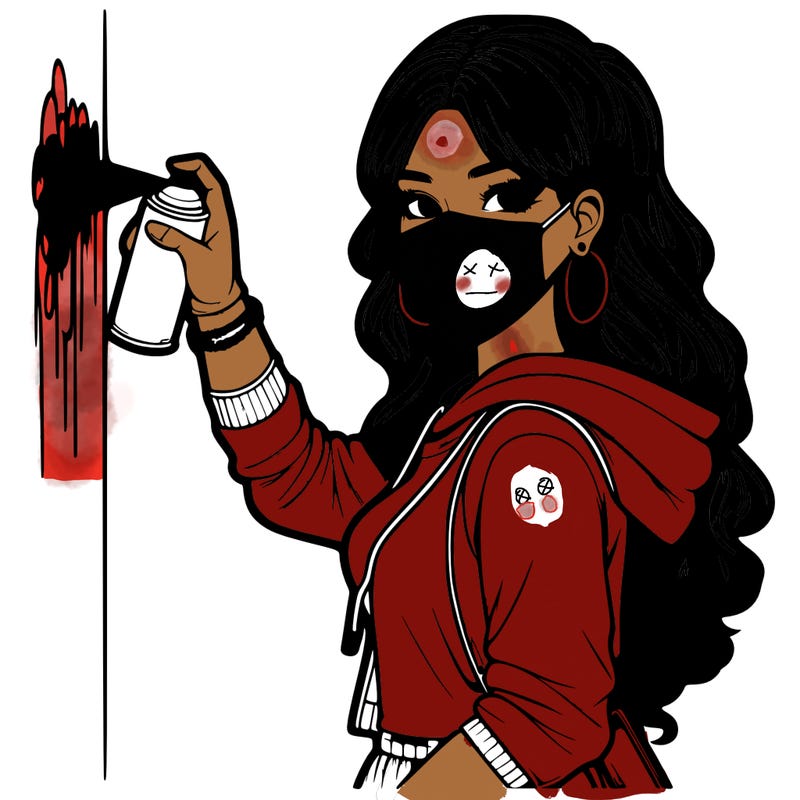 realistic girl with mask spray painting a wall