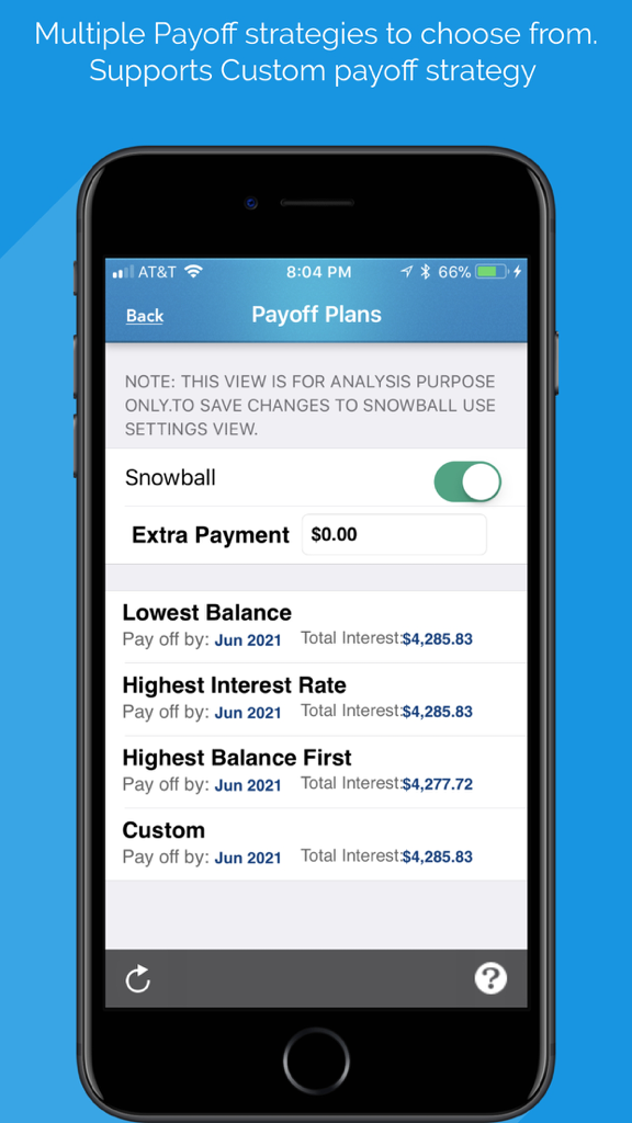 Debt Free - Pay Off your Debt - Mobile app interface showing various debt payoff strategies including snowball and interest rate methods