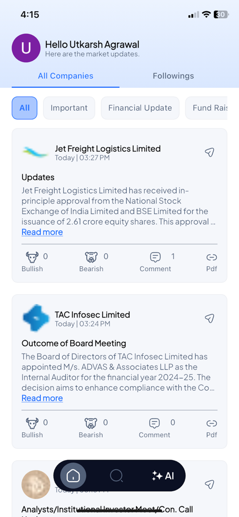 Alpha Tribe: Stock Market - Interface de l'application Alpha Tribe affichant un flux d'annonces d'entreprise pour les sociétés indiennes avec des boutons de suivi du sentiment.