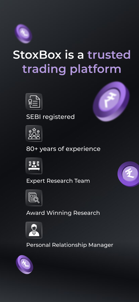 Plataforma de trading StoxBox destacando registro SEBI, investigación de expertos y características de gestor de relaciones personal.