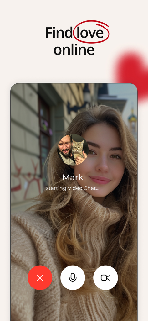 A mobile screen showing a video chat starting on the Dating.com app with a user named Mark