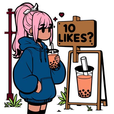 girl with oversized hoodie drinking boba and she has a high ponytail with a sign that says 10likes?