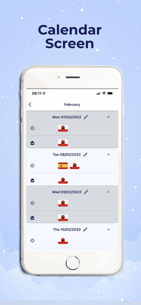 Ovrnite, The Tax Residency App - Ovrnite app calendar interface displaying a daily log of locations with country flags for tax residency tracking.