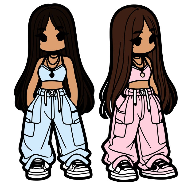 girl in baggy pants crop top and long hair