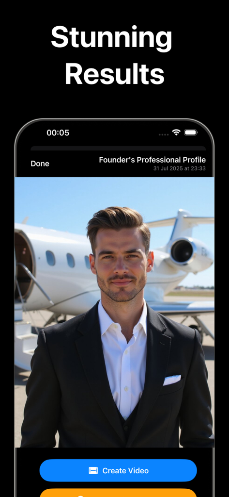 AI Professional Headshot・Visia - Retrato profesional de IA de un hombre en traje frente a un jet privado