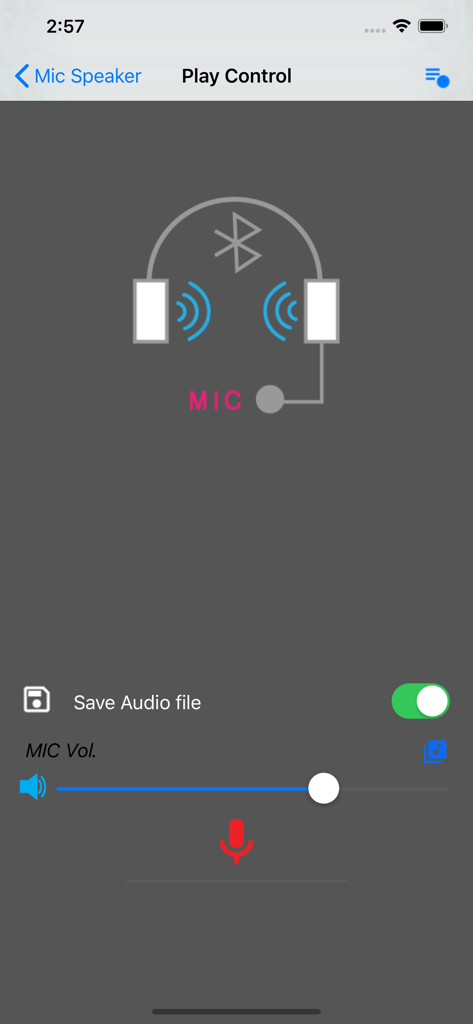 Mic Speaker - Play control interface of the Mic Speaker app showing microphone volume settings and Bluetooth connection