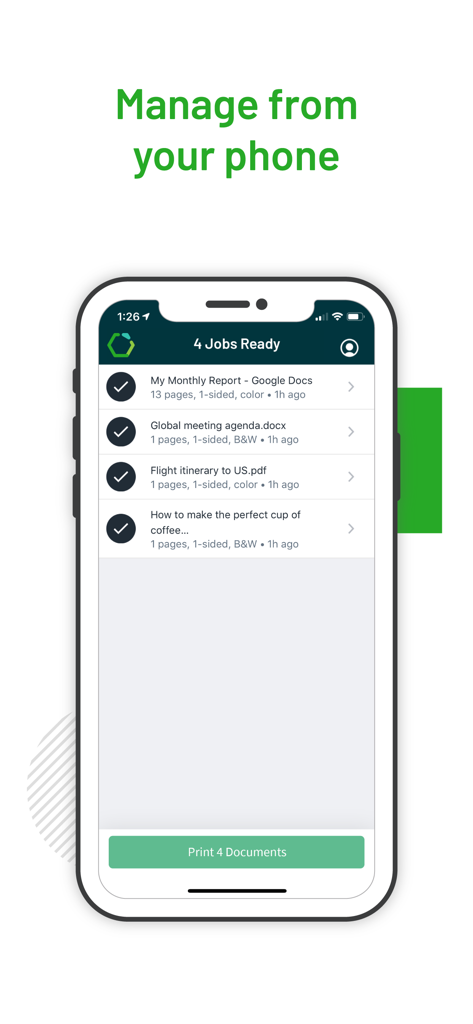 iPhone-Anzeige der PaperCut Hive App, die vier zur sicheren Druckfreigabe bereite Dokumente zeigt