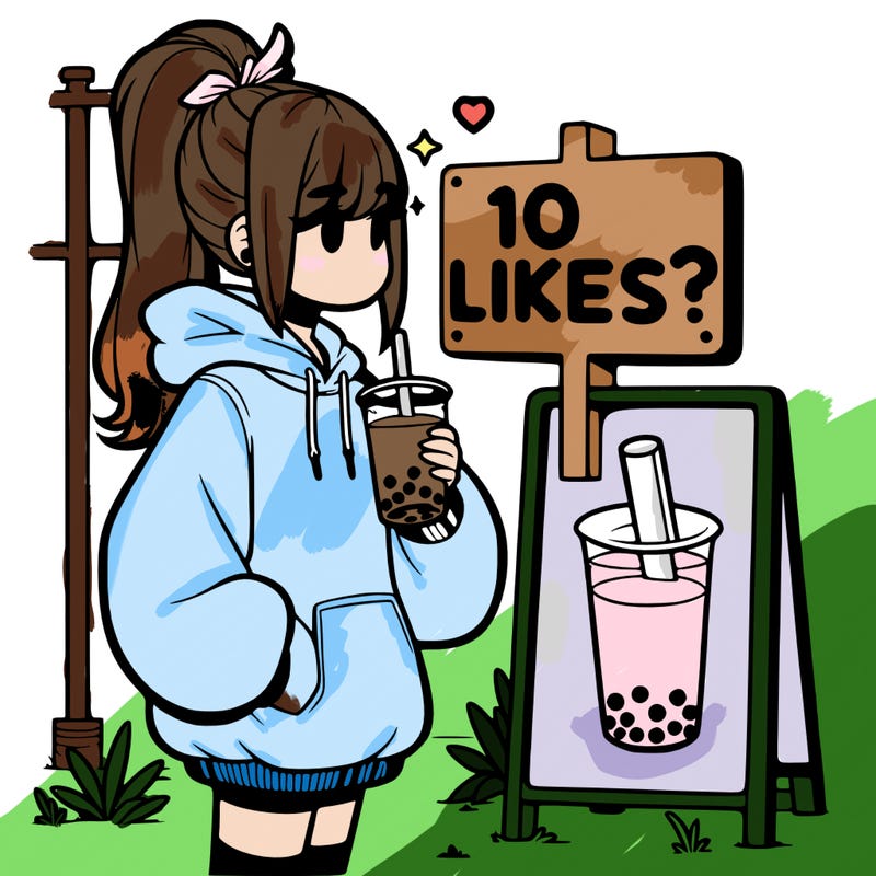 girl with oversized hoodie drinking boba and she has a high ponytail with a sign that says 10likes?