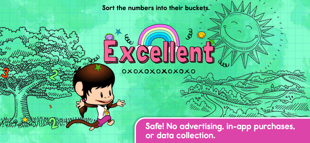 Monkey Preschool Learning - Una pantalla de recompensa de Monkey Preschool Learning que muestra un personaje de mono y la palabra Excelente con un banner de seguridad para padres.