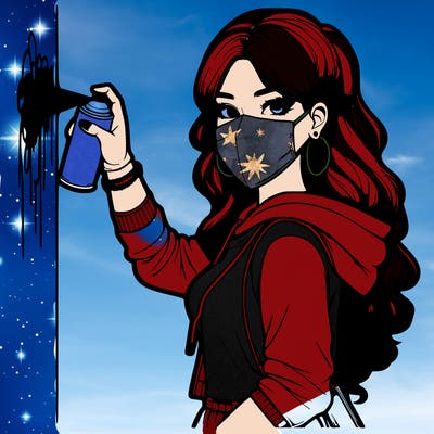 realistic girl with mask spray painting a wall