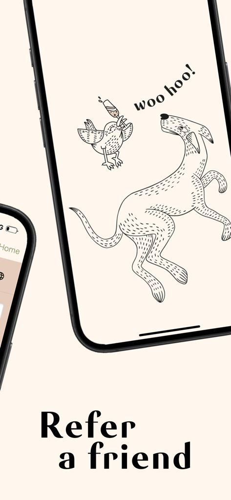 Heartwood Inns app refer a friend screen with whimsical illustrations of a dog and a bird
